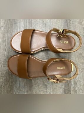 Michael Kors New Brown Leather Ankle-Strap Sandals with Gold Buckles